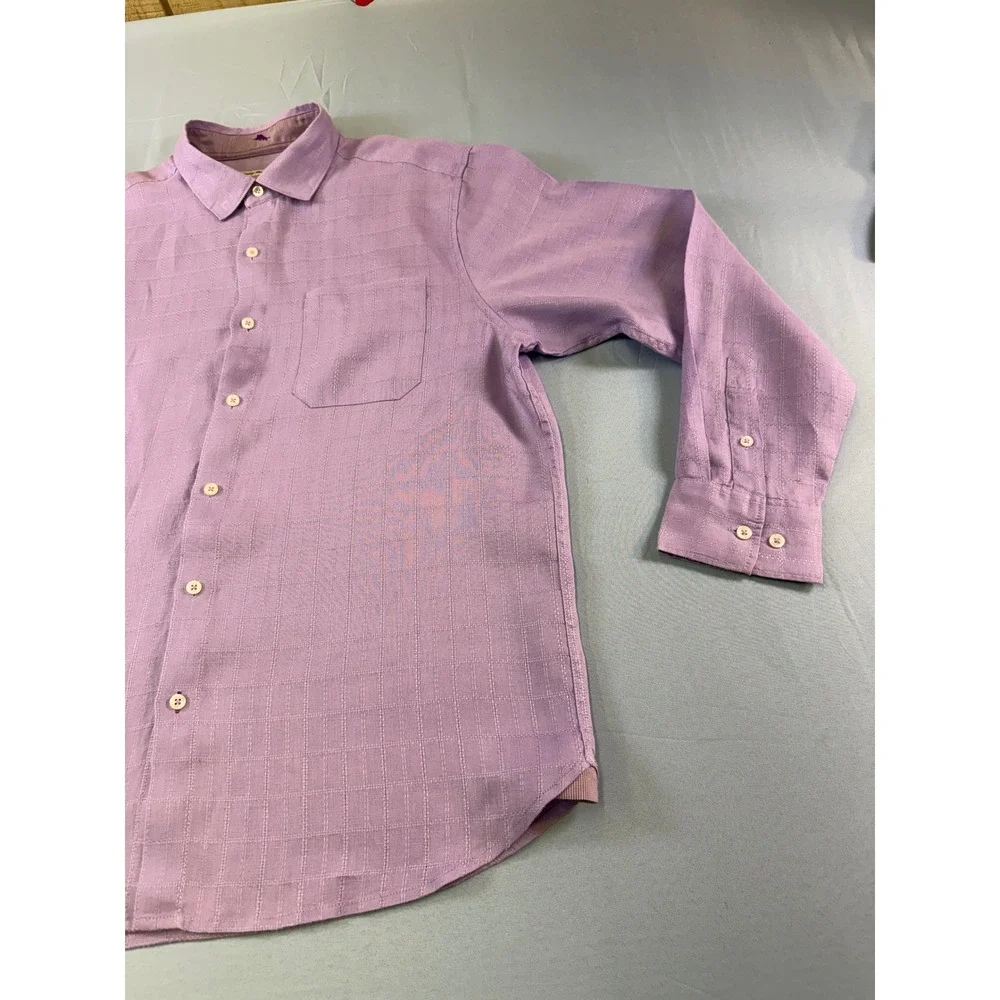 Tommy Bahama Mens Purple 100% Linen Grid‎ Button Up Shirt Large Long Sleeve